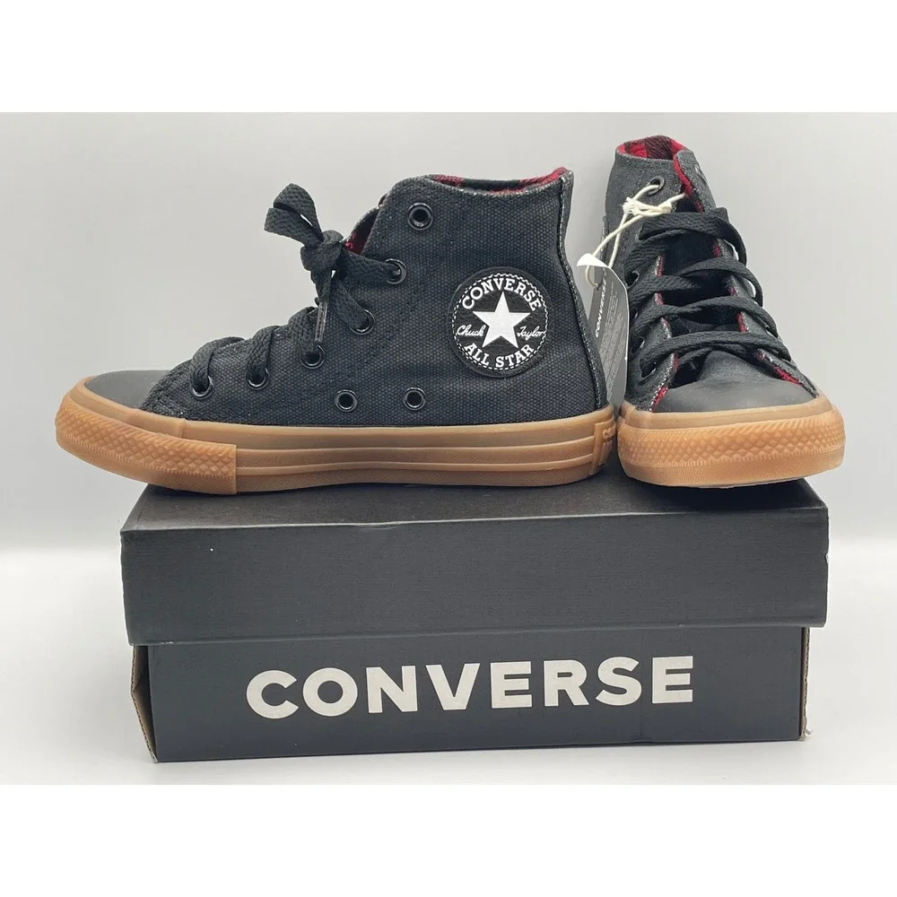 Converse Chuck Taylor All Star High Top Youth 12 Black Plaid Lining A12436C Gum